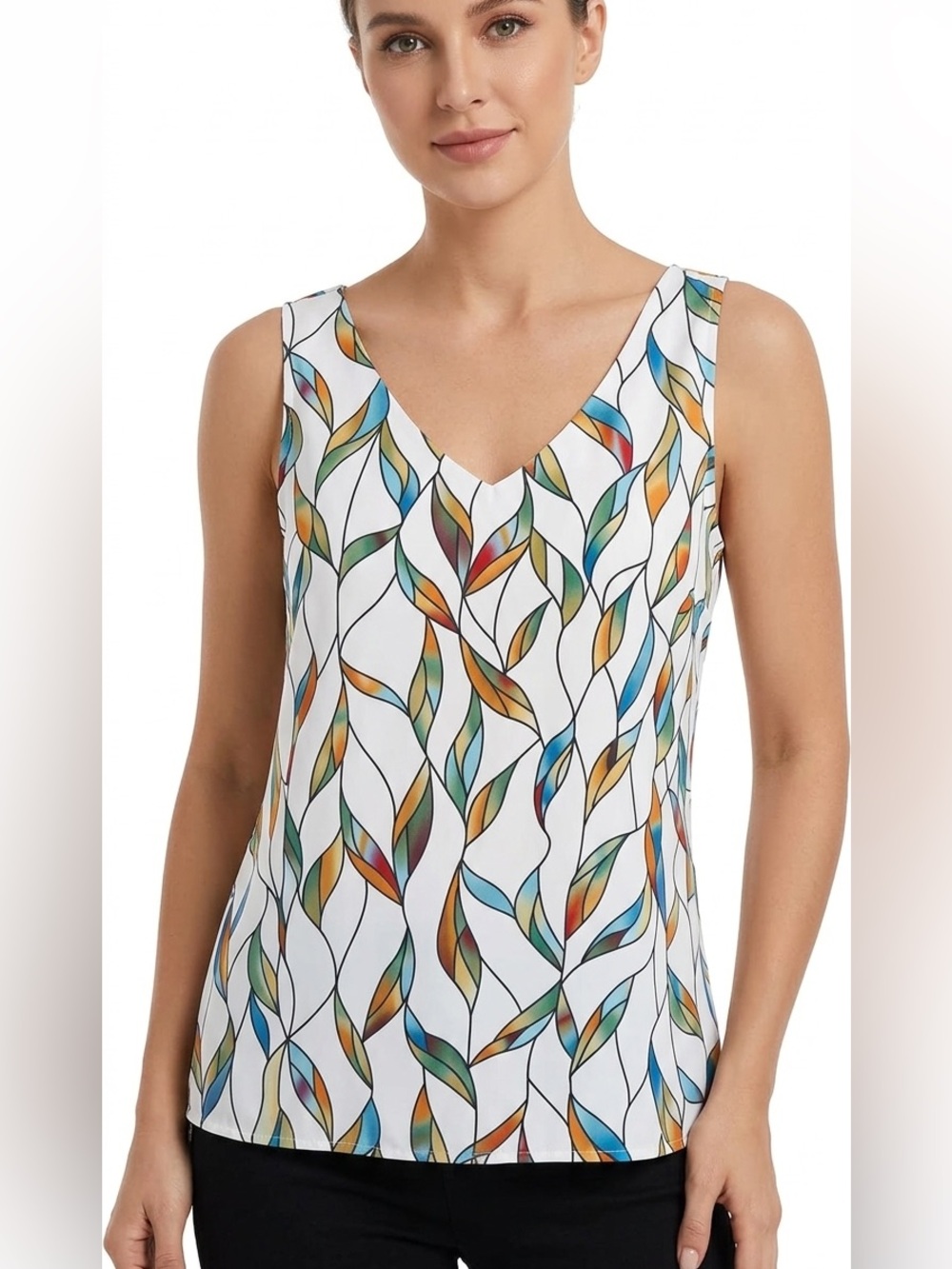 Multicolor Leaf-Print V-Neck Tank Top